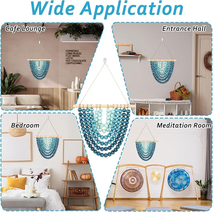 Boho Chic Wooden Bead Garland Wall Hanging Tapestry, Handcrafted Home Décor Inspired by Nature, Suitable for Living Room, Bedroom, Entryway, Nursery, Apartment & Dorm (Coastal Breeze Ombre, 12 inches)