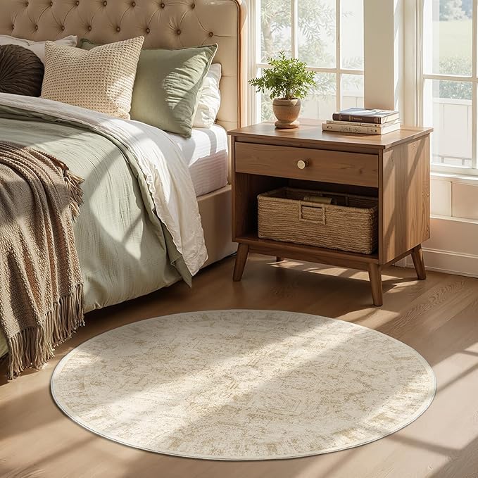 Beige Round Rugs 4ft, Low Pile Thin Washable Non Slip Small Circle Rug for Entryway Kitchen Dining Room, Tranditional Medallion Distressed Neutral Round Carpet for Bedroom Living Room