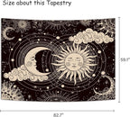 Wonrizon Sun and Moon Tapestry, Aesthetic Black Dark Spiritual Tapestries Mystic Burning Sun with Clouds Star Wall Hanging decor for Bedroom (59.1" x 82.7")