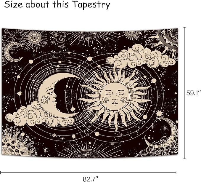 Wonrizon Sun and Moon Tapestry, Aesthetic Black Dark Spiritual Tapestries Mystic Burning Sun with Clouds Star Wall Hanging decor for Bedroom (59.1" x 82.7")