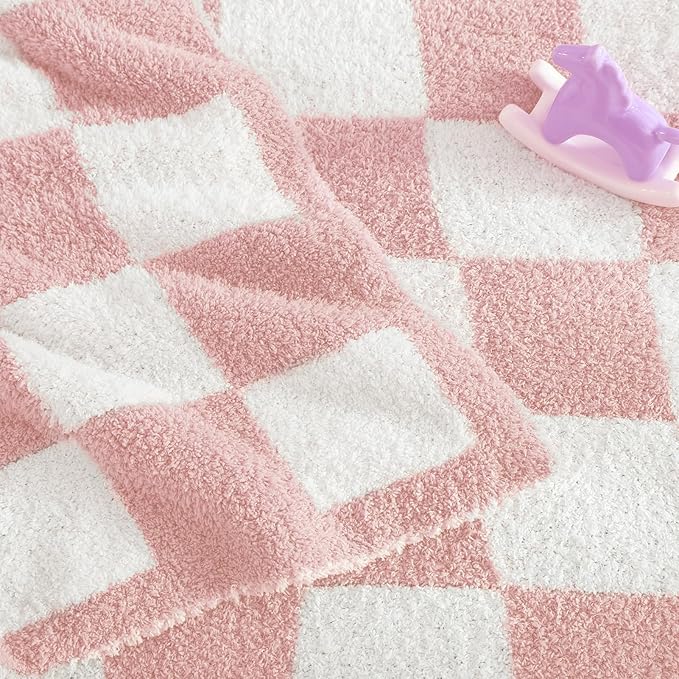 WRENSONGE Checkered Throw Blanket, Pink Soft Cozy Fluffy Warm Hand Made Throw Blankets for Couch, Sofa, Chair, Bed, Camping, Picnic, Travel Lightweight Bed Blanket - 30"*40"