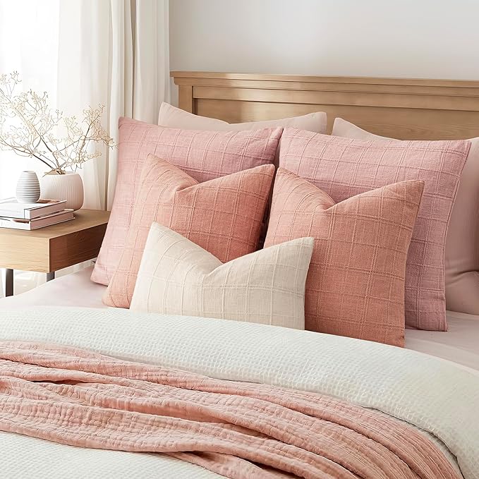 Foindtower Set of 2 Decorative Linen Check Throw Pillow Covers Neutral Farmhouse Vintage Cushion Covers Modern Boho Accent Home Decor for Sofa Chair Couch Bedroom Living Room,20×20 Inch,Coral Pink