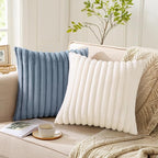 Pallene Faux Fur Plush Throw Pillow Covers 22x22 Set of 2, Luxury Soft Fluffy Striped Decorative Pillow Covers for Sofa, Couch, Living Room, Blue Grey