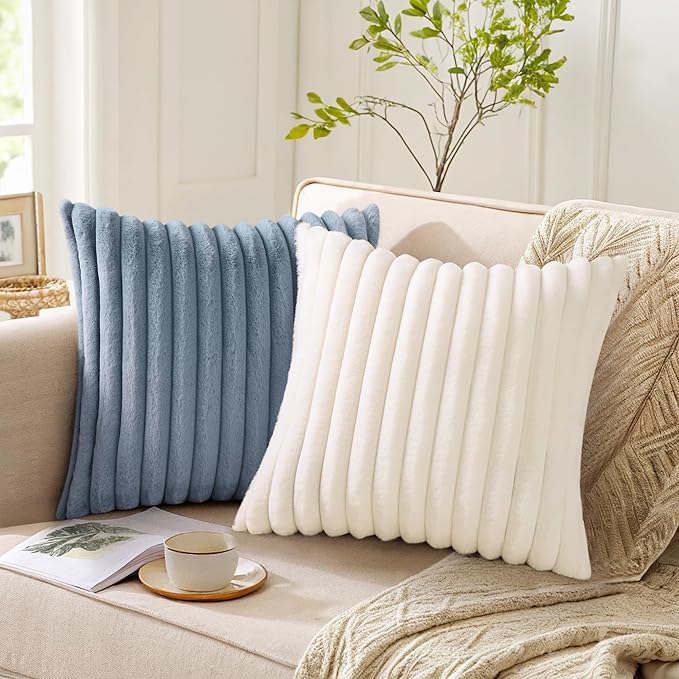 Pallene Faux Fur Plush Throw Pillow Covers 18x18 Set of 2, Luxury Soft Fluffy Striped Decorative Pillow Covers for Sofa, Couch, Living Room, Blue Grey