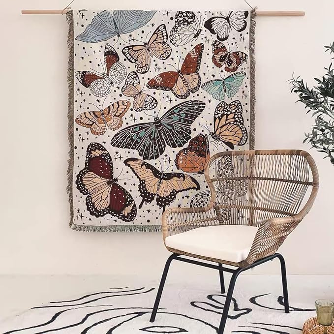 Hopstar Butterfly Throw Blanket Outdoor Blankets and Throws Boho Western Decor Cotton Woven Couch Cover Blanket for Sofa Living Room Beach Travel 51"x63" (Colorful Butterfly)