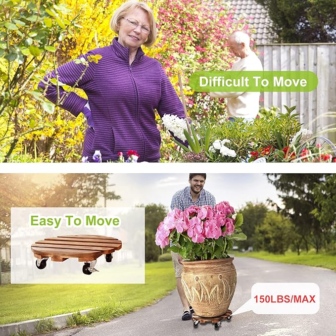 HOHY 2-Pack 12" Plant Caddy Plant Stand with Wheels Heavy Duty Wood Rolling Plant Stand with 2 360° Lockable Wheels,Indoor Outdoor Plant Roller for Large Planters, Flower Pot, Patio