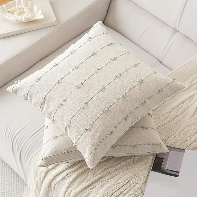 Boho Throw Pillow Covers 26x26 Set of 2 Modern Farmhouse Decorative Cushion Case Tufted Square Pillows Cover Neutral Pillow Cases Accent Pillowcase for Sofa,Couch,Bed,Beige and Green