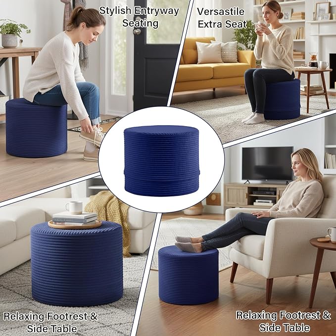 LITA Round Stuffed Pouf Ottoman, Corduroy Poufs with High-Density Foam Filling and Washable Cover, Furry and Fluffy Bean Bag Foot Stools Ottoman for Living Room, Bedroom, Office, Navy Blue
