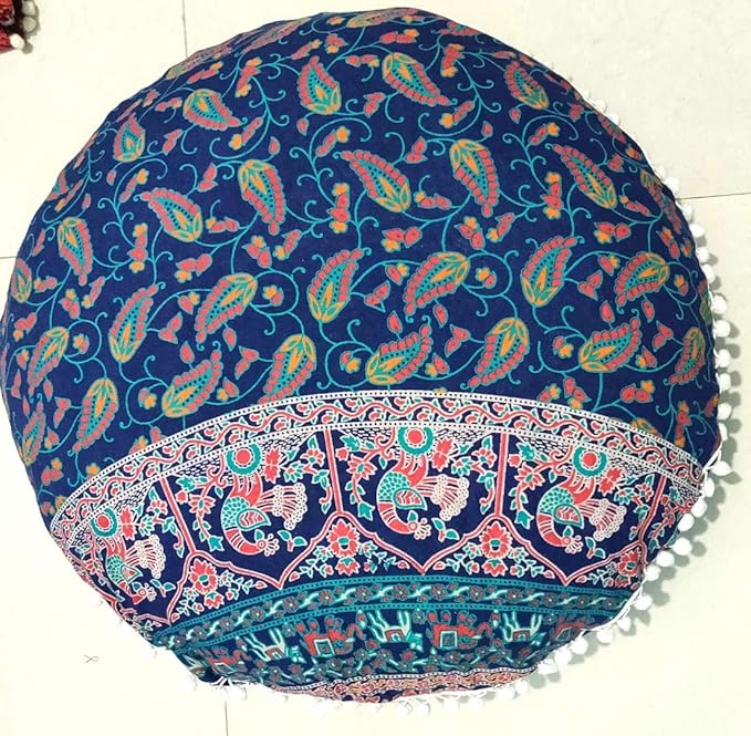 CRAFT KALA Mandala Floor Pillow Cushion Cover Seating Throw Cover Hippie Decorative Bohemian Ottoman Poufs Pom Pillow Cases Indian Cotton Living Room Home Décor 24" Round Set of 2, Elephant Moor Joda