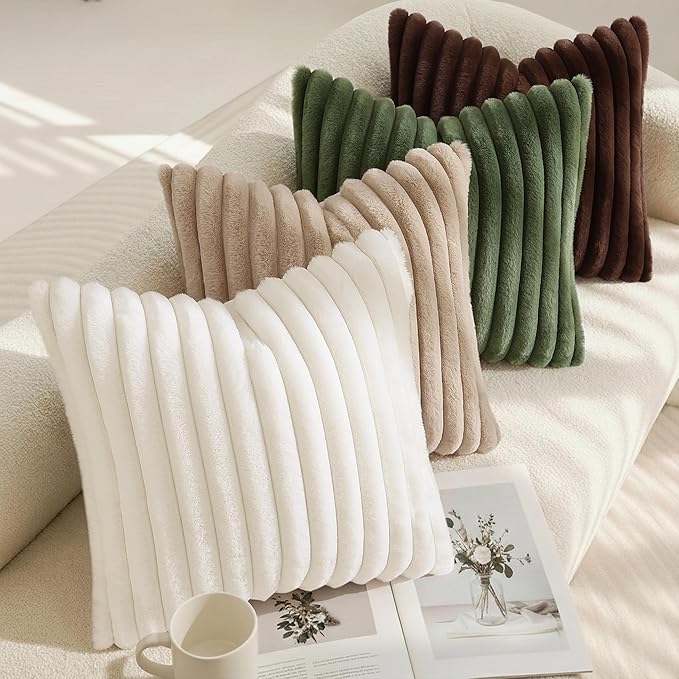 decorUhome Cozy Faux Fur Throw Pillow Covers 20x20 Set of 2 Decorative Soft Plush Striped Modern Farmhouse Boho Couch Pillow Cases with Velvet Back for Sofa Bed Living Room, Khaki Brown