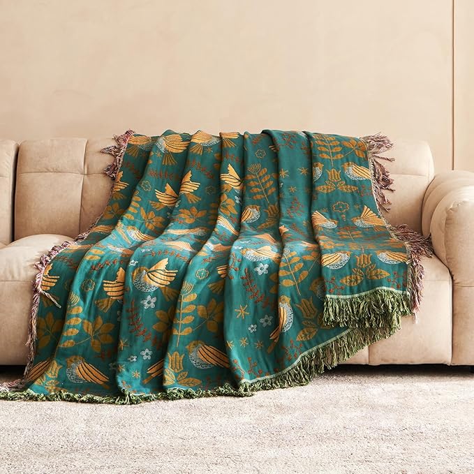 Boho Throw Blanket - 100% Cotton Soft Throw Blanket for Bed, 60"x80" Reversible Breathable Lightweight Spring Blankets, All Seasons Farmhouse Decor Floral Plant Throw Quilt