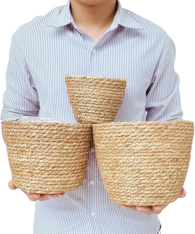 Woven Seagrass Plant Basket Without Handles | Decorative Planter for Small-Space Living or Natural Home Styling | Perfect for Living Room, Balcony, Patio, Kitchen or Gadren (Set of 3)