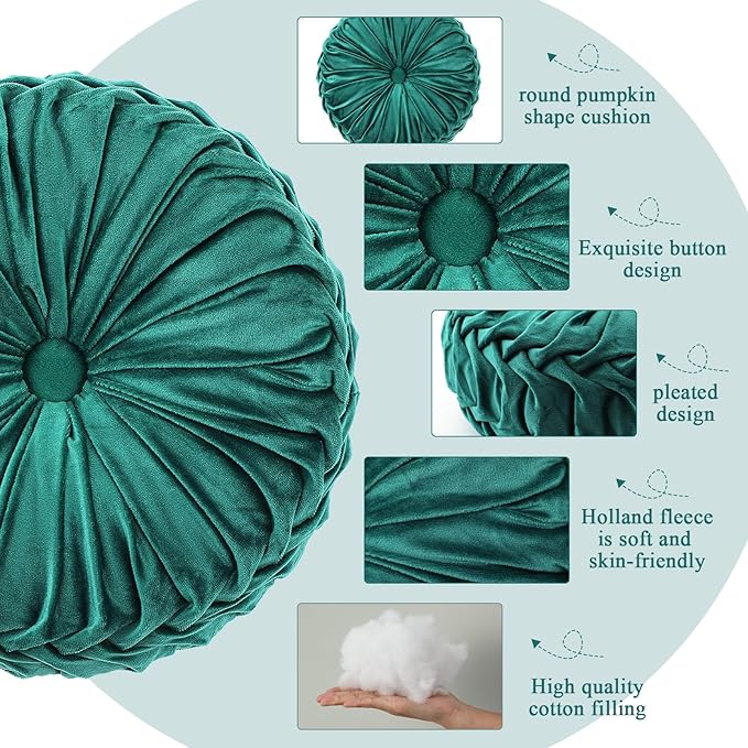 Round Throw Pillows Decorative Pleated Throw Pillows 15'' Diameter Accent Pumpkin Boho Chair Cushion for Couch Sofa Home Decoration(Green,1 Pcs)
