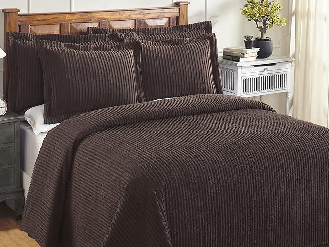 Better Trends Chenille Bedspreads Full/Double Size, Chocolate 100% Cotton Chenille Stripe Design Tufted Bedding Coverlet Soft Lightweight, 96"x110" with 2 Sham, 3 Pieces Set Jullian Collection