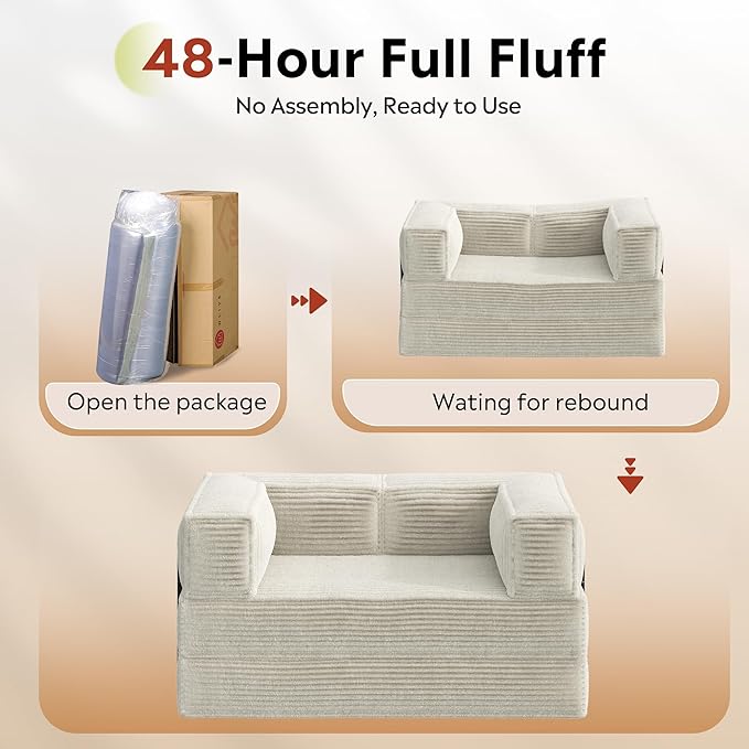 WLIVE 60'' Futon Sofa Bed, Convertible Sleeper Sofa, Folding Pull Out Couch Boneless Mattress with Fixed Frame, Corduroy, Greyish Beige