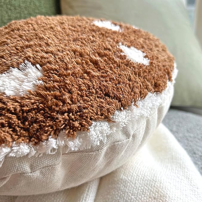 Mushroom Throw Pillow Tufted Shape Decorative Cushion 15” x 15” – Decor for Bed, Couch, Living Room (Brown)