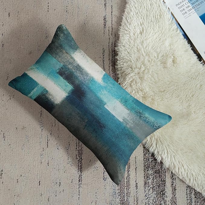 Britimes Throw Pillow Covers Modern Home Art Decor, 12 x 20 Inches Set of 2 Pillow Cases Decorative, Abstract Oil Painting Pillowcases for Bedroom, Living Room, Teal