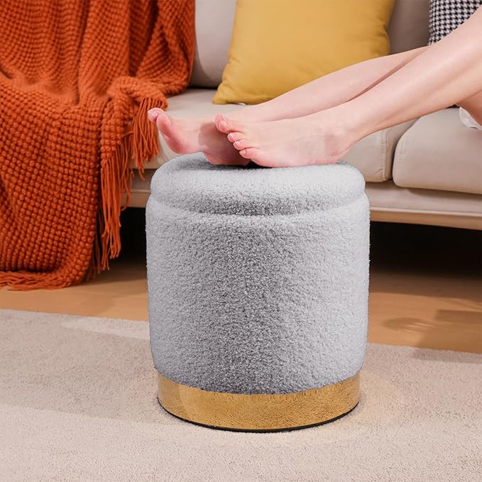 Sherpa Round Ottoman Set of 2 with Storage, 12 Gallon Hidden Storage Ottoman, Multi-Functional Footrest Stool, Vanity Seat, Coffee Table, No Assembly Required, Holds 300lbs (Gray)