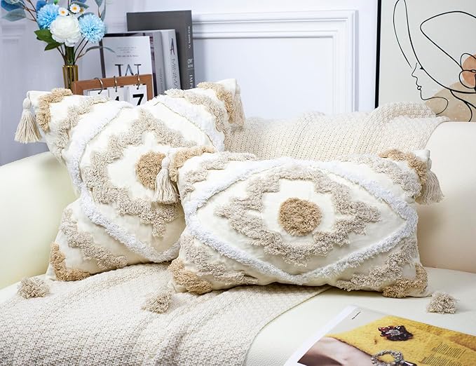 Decorative Farmhouse Throw Pillow Covers 20 x 20,Modern Neutral Couch Pillow Cover,Cotton Checked Pattern Boho Square Pillow Case Cover for Couch Bed Sofa Bedroom,Khaki&Beige&White