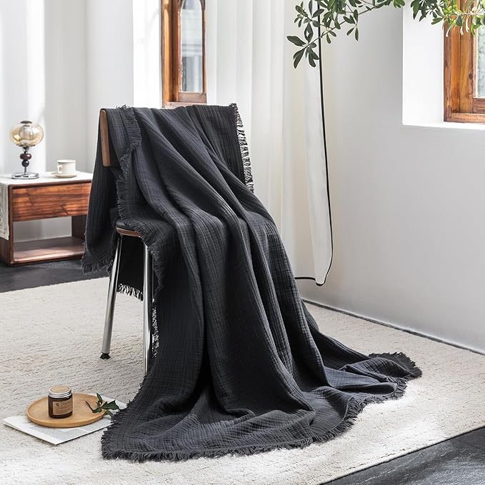 FOSSA Muslin Blanket with Fringe - 4-Layer 100% Cotton Gauze Super Soft & Breathable Throw -Lightweight Decorative Cooling Blanket for Bed, Sofa, Office -Twin XL Size 90" × 66" (Dark Gray)