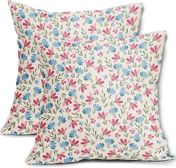 Easter Pink Blue Floral Pillow Covers 16x16 Set of 2 Spring Vintage Rustic Old Style Cute Flower Cream Print Decorative Outdoor Pillowcases Farmhouse Throw Cushion Case Decor for Couch Sofa Bed