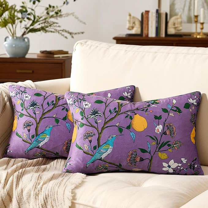 MUSSEL Light Purple Floral Pillow Covers 12x20 Set of 2, Velvet Wild Flower Plant Throw Pillows Case, Square Farmhouse Decor Cushion Covers for Home Sofa Bed Couch