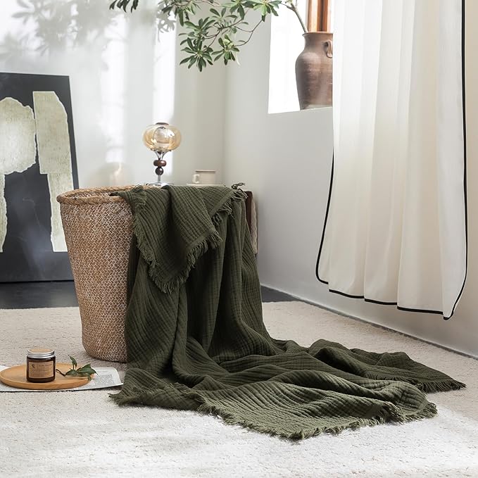 FOSSA Muslin Blanket with Fringe - 4-Layer 100% Cotton Gauze Super Soft & Breathable Throw -Lightweight Decorative Cooling Blanket for Bed, Sofa, Office -Twin XL Size 90" × 66" (Olive Green)