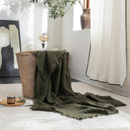 FOSSA Muslin Blanket with Fringe - 4-Layer 100% Cotton Gauze Super Soft & Breathable Throw -Lightweight Decorative Cooling Blanket for Bed, Sofa, Office -Twin XL Size 90" × 66" (Olive Green)