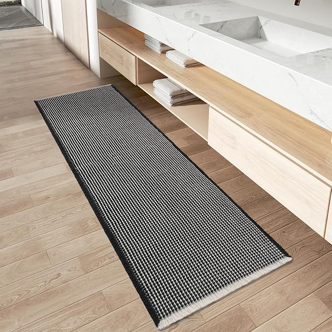 Upgraded Waffle Runner Rug, Super Absorbent Non Slip Bath Mats for Bathroom Floor, Washable Bathroom Runner Rug with Tassels, Ideal for Hallway Bedroom Laundry Room, Black & Cream, 2'x 6'(24" x 72")