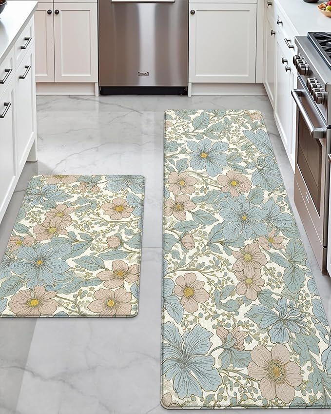DEXI Kitchen Mats for Floor 2 Piece Set, 17x29+17x59, Cushioned Standing Mat Anti Fatigue, Waterproof Comfort Floral Padded for Laundry Room Office, Blue