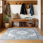 Area Rugs 3'x5' Washable Non-Slip, Floral Vintage Distress Print Pattern Medallion Carpet for Living Room Bedroom Dining Room, Light Gray Grey White