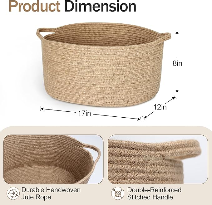 Jute Wicker Storage Basket with Handles, 17"x12"x8" Decorative Woven Baskets for Organizing Dog Toy, Gifts, Book, Towel, Cloth, Boho Storage Bin for Shelves, Entryway, Closet, Home Decor