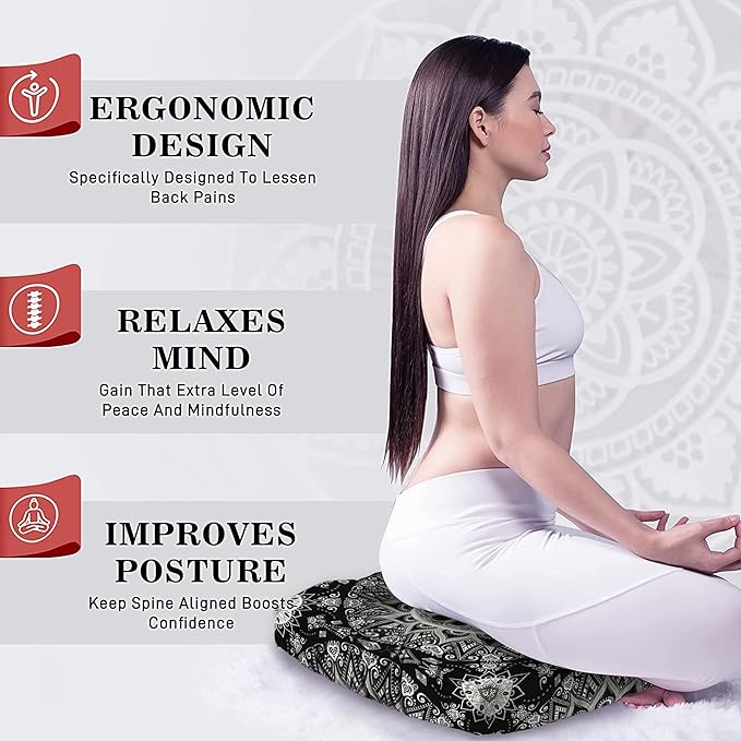 Mandala Meditation Cushion, Boho Meditation Mat, Meditation Pillows for Sitting on Floor, Cushions for Sitting in Home and Outdoor, Square Floor Pillow Cushion Seating for Yoga Accessories 22'' X 22''