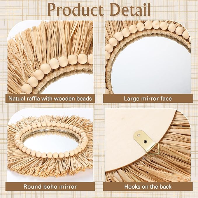 3 Pcs Boho Raffia Mirror Wall Hanging Decor 15.8 Inch 11.8 Inch Rustic Round Boho Circle Mirrors with Wood Bead Farmhouse Aesthetic Nursery Mirrors for Bedroom Living Room Bathroom Wall Decor