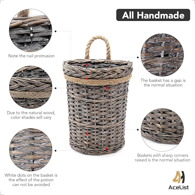 AceList 2-Pack Woven Wicker Wall Hanging Baskets, Grey Willow Wall Pocket Decor for Faux Florals & Storage - Two sizes Nesting Farmhouse Baskets for Entryway, Living Room & Door