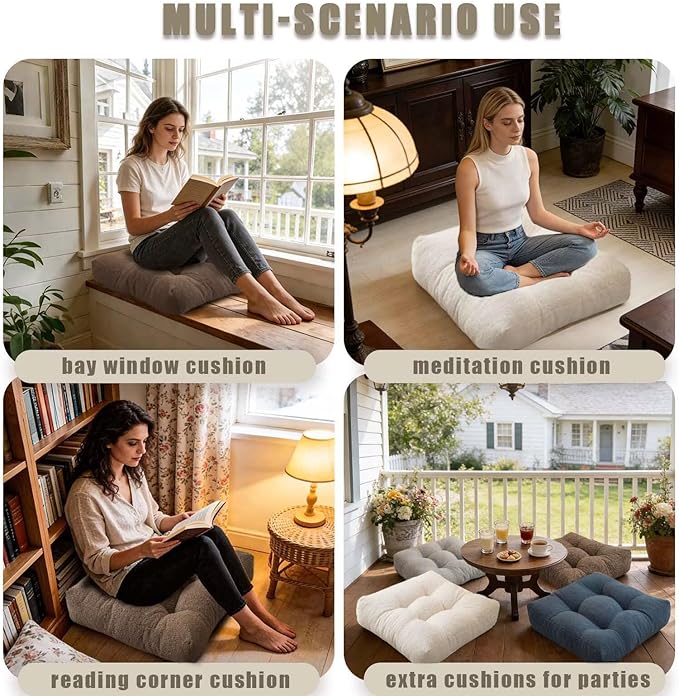 Large Sitting Pillow Set of 2, Floor Pillows Cushions for Adults, Thick Square Yoga Pillows with Tufted Cover for Bedroom Dorm Bay Window, Beige 18x18 in