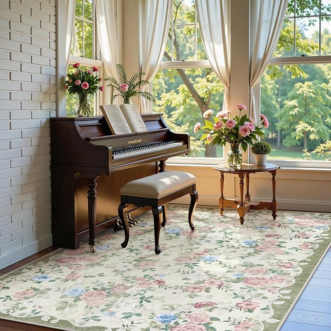 Lahome Floral Washable 5x7 Rug, Boho Area Rug for Bedroom,Vintage Living Room Rugs Non Slip Low Pile Ultra-Thin Large Carpet for Farmhouse,Dining Room,Kids Playroom Nina(5'X7',Cream/Green)