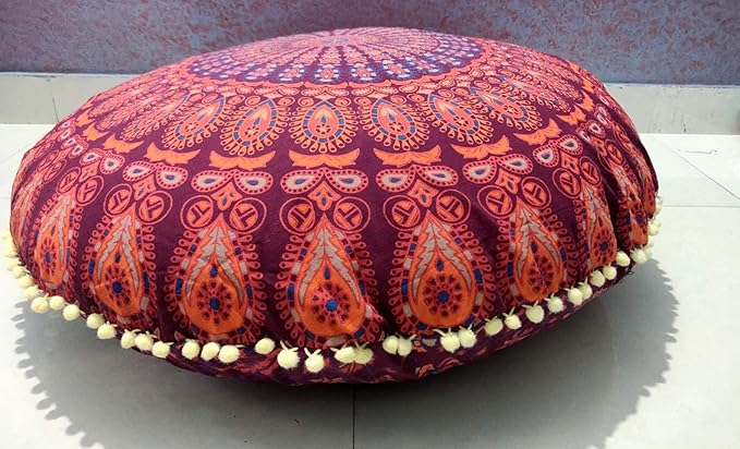 ICC 32" Indian Mandala Ottoman Throw Pouf Cover Seating Ottoman Cover Ethnic Cushions Bohemian Decor Fall Decor Pouf Case Decorative Footstool Round Floor Maroon