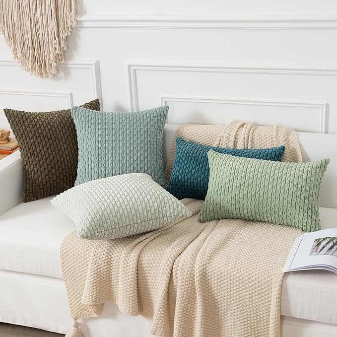 Kevin Textile 14x24 Inch Pillow Cover 1 Pack Boho Decorative Soft Striped Corduroy Lumbar Farmhouse Color Accent Rectangle Cushion Case for Living Room Couch Sofa Bed, Greyish Green
