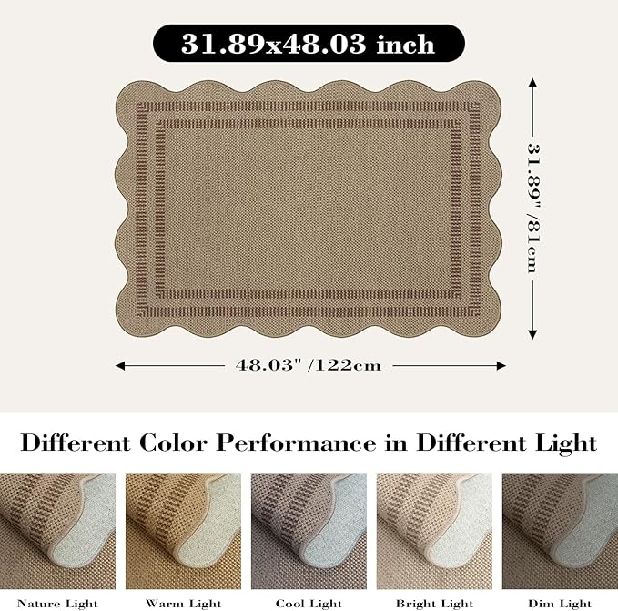 Easy Jute Front Door Mat, 2.6x4 Washable Entryway Rug Non Slip Small Kitchen Rug, Farmhouse Low Pile Floor Scalloped Rugs for Bathroom Porch Doorway