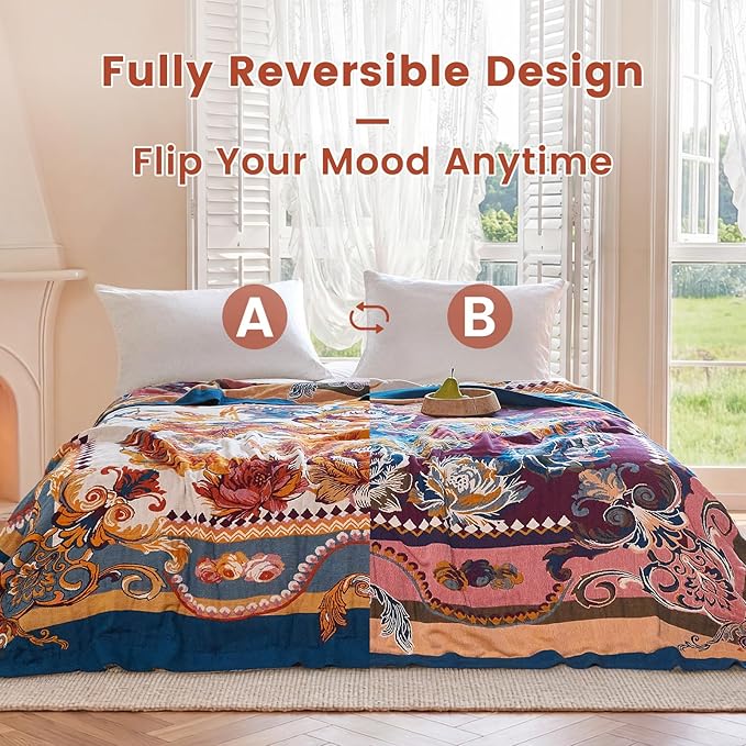 MSGKV Boho Throw Blanket 60"x80" Bed Floral 100% Cotton Blanket Spring Breathable Lightweight Twin Couch Blankets All Seasons Home Decor Muslin