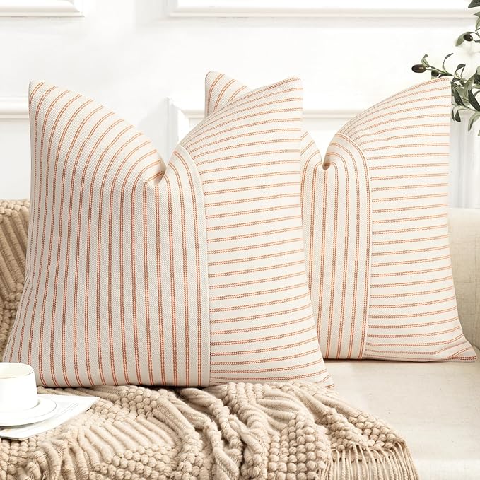 YCOLL Fall Pillow Covers 20x20, Modern Accent Throw Pillow Covers Set of 2, Burnt Orange Striped Patchwork Linen Decorative Pillows Cushion Covers for Couch Chair Bedroom Home Decor