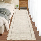 GarveeHome Scalloped Washable Runner Rug 2x10 Non Slip Kitchen Rugs Modern Blue Indoor Entryway Rug Farmhouse Soft Bath Mat Stain Resistant Carpet for Bedroom Hallway Laundry 2 ft x10 ft Beige