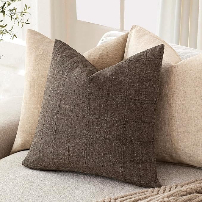 Foindtower Set of 2 Decorative Linen Check Throw Pillow Covers Neutral Farmhouse Vintage Cushion Covers Modern Boho Home Decor for Sofa Chair Couch Bedroom Living Room,24×24 Inch,Dark Brown