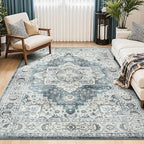 Lessymo Vintage Medallion Rug for Living Room 5x7, Machine Washable Area Rugs for Bedroom Dining Room Under Table, Soft Low Pile Carpet with Non Slip Backing, Blue Grey/Beige
