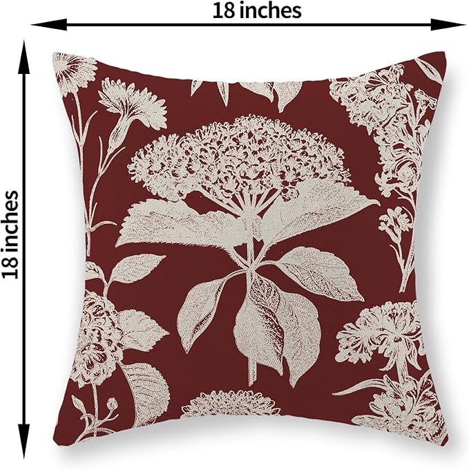 Burgundy Red Pillow Covers 18x18 Set of 2 Vintage Boho Herbs Botanical Floral HydrangeaThrow Pillows Outdoor Flower Decorative Pillow Cases Linen Farmhouse Cushion Case for Couch Sofa Decor