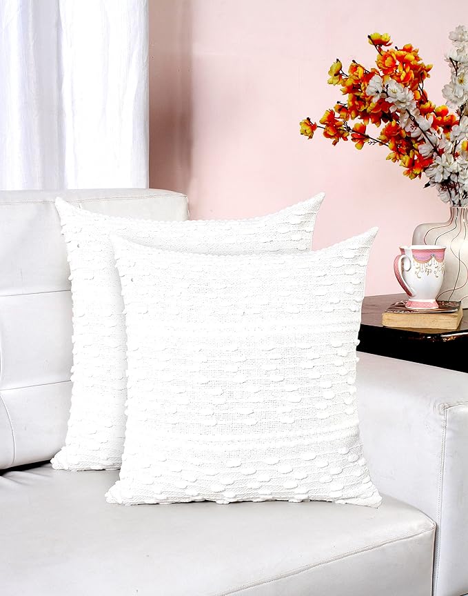 ACCENTHOME Boho Throw Pillow Cover 18x18 Inch (2 Pc) Cotton Hand Woven Decorative Design Pillows For Farmhouse Couch Sofa Bedroom | Off White Tufted Pillow Covers | Home Decor Textured Hug Pillowcases