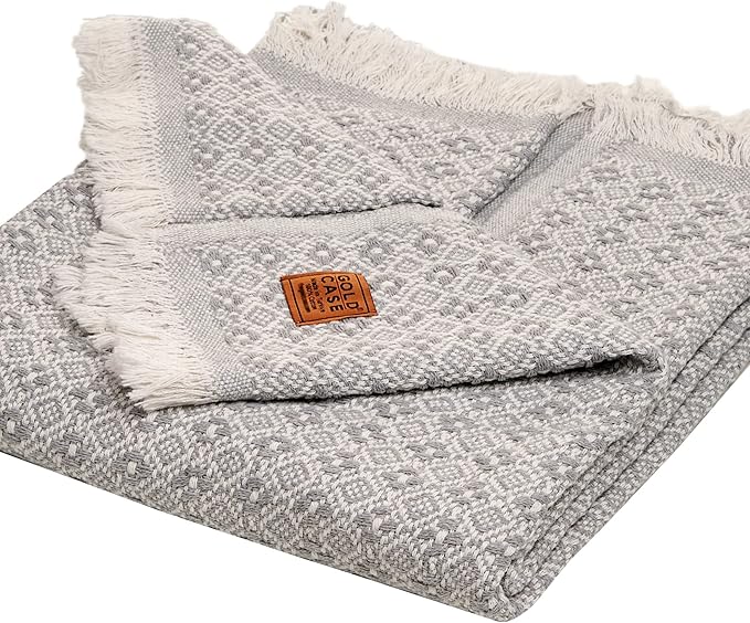 Gold CASE Throw Blanket for Couch – 100% Recycled Cotton – Retro Throw Blankets for Living Room, Bed, & Outdoor – Decorative Boho Blankets & Throws – Soft Couch Drape – Grey (60”x80”)