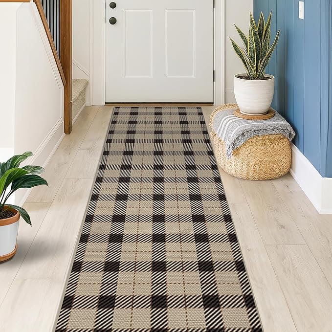 Entryway Rug Runners for Hallways Non Slip - 2x6 Jute Boho Runner Rug for Kitchen Floor, Indoor Outdoor Entrance, Hall Way, Washable No Shed Neutral Easy Jute Sisal Black and Tan Checkered Plaid