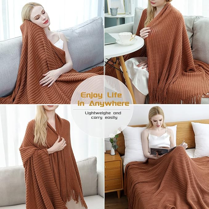 Blagic Knitted Throw Blanket for Couch,Soft Farmhouse Boho Fall Throw Blanket with Tassels,Home Decorative Lightweight Throw Blankets, Orange Rust Throws for Bed/Chair/Sofa, 60" W x 80" L